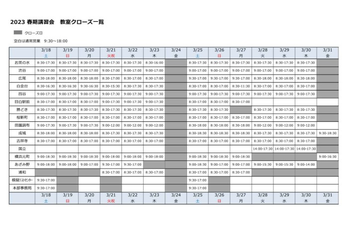 2023_春期クローズ一覧
